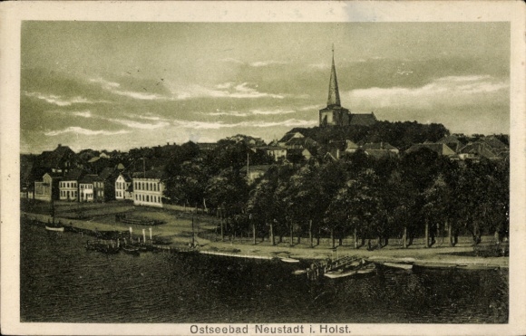 Postcard Neustadt in Holstein, Baltic Sea resort Neustadt i. Holst., view of town and church, coastal view