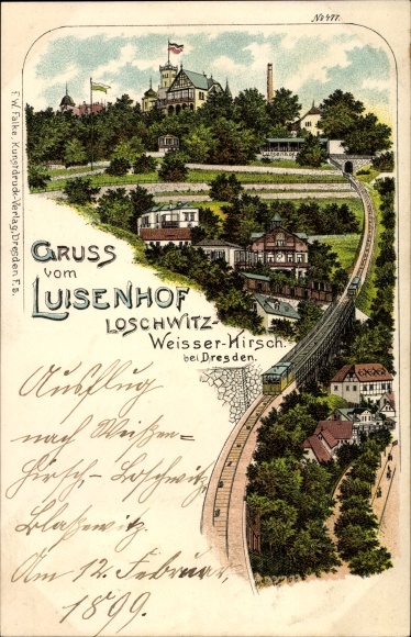 Chromo-Litho Dresden Northeast Loschwitz, Luisenhof, mountain railway, panorama of the place