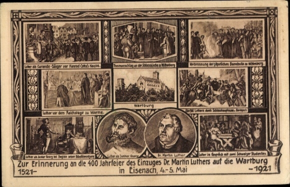 Postwaardekaart Lutherstadt Eisenach in Thüringen, Wartburg, 400ste verjaardag van de intrede van V. Luther 1921