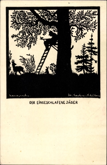 Scherenschnitt Ak Sachse Schubert, W., Der eingeschlafene Jäger