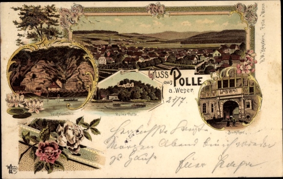 lito Polle nad Wezerą w Dolnej Saksonii, brama zamkowa, ruiny, Teufelsmühle, widok całkowity