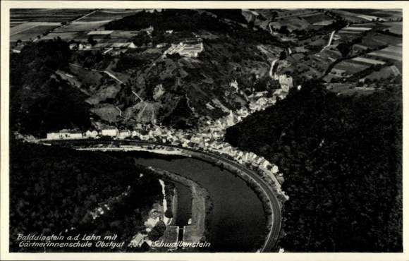 Postcard Balduinstein an der Lahn, aerial photograph, Balduinstein, gardening school Obstgut Schwalbenstei