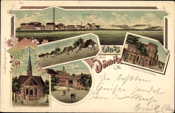Chromo-Litho Dömitz on the Elbe, Friedrich Franz Straße, fortress, dynamite factory, church