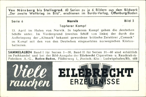 Collection card World War II in pictures, Narvik, Brave fight, British destroyer Cossack