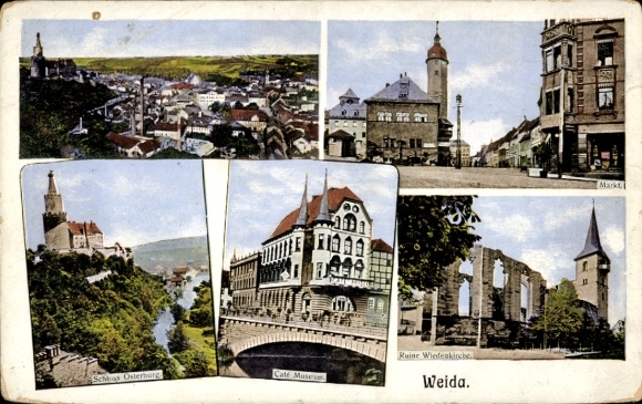 Ak Weida in Thüringen, Schloss Osterburg, Cafe Museum, Ruine Wiedenkirche, Markt