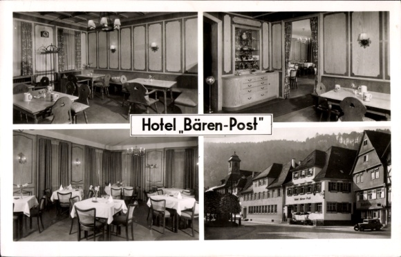 Postcard Neuenbürg an der Enz Black Forest, Hotel Bären-Post, interiors, dining area, guest room, Black Forest