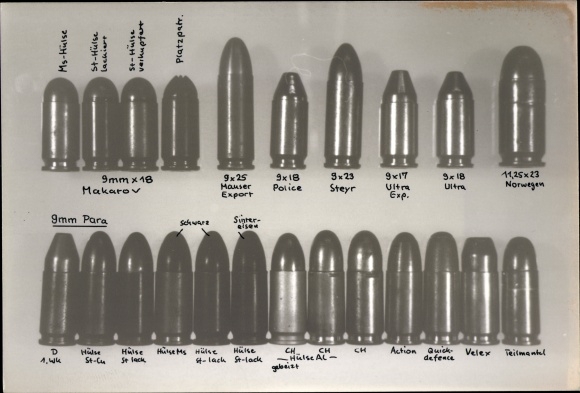 Photo Munition, Patronen 9mm Para 9mm x 18 Makarov, 9x25 Mauser Export, 9x23 Steyr, 11,25x23 Norwegen