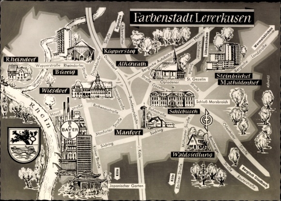 Postcard Leverkusen in the Rhineland, city map of sights, street names, black and white graphic