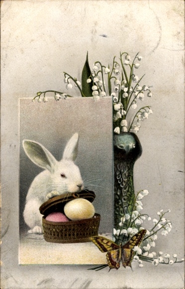 Ak Hase mit Ostereiern und Maiglöckchen und Schmetterling