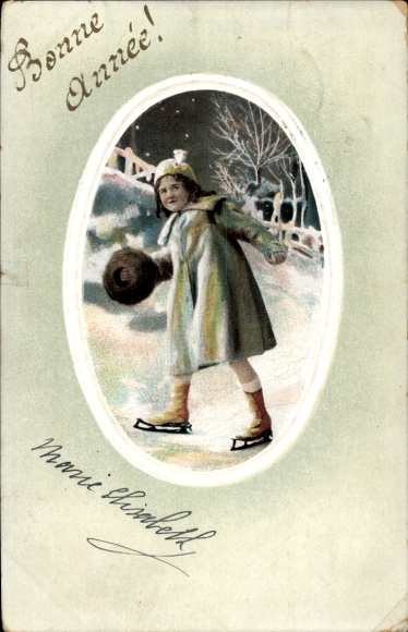 Postcard Ort Kochel am See Upper Bavaria, girl skating on a frozen lake