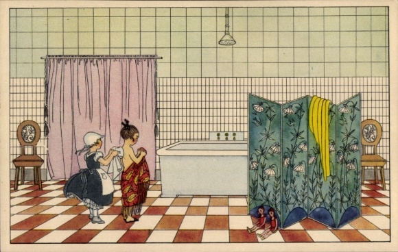Artist Postcard Köhler, M., Girl, Bathroom, Bathtub, Maid