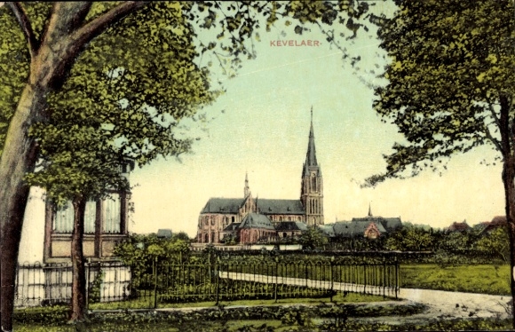 Postcard Kevelaer on the Lower Rhine, city view church, trees, path