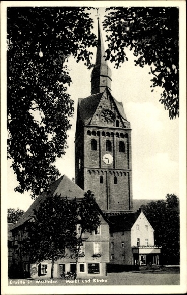 Postcard Erwitte in Westphalia, market and church, business