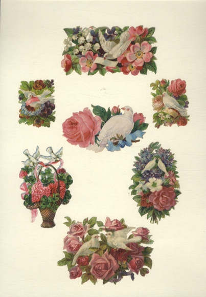 7 wafers white doves with flower bouquets and flower basket, approx. 6.5 x 9 cm to 5 x 4 cm