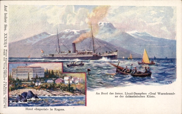 Artist Chromo-Litho Ragusa Dubrovnik Croatia, Steamer Graf Wurmbrand, Austrian Lloyd, Hotel Imperial