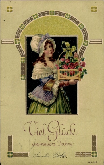 Embossed PC Happy New Year, young woman, clover, roses