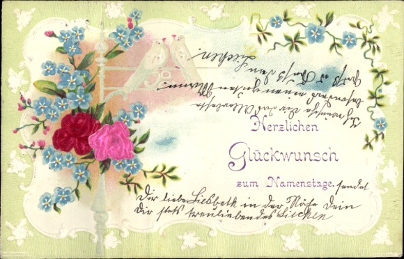Embossed Fabric Postcard Congratulations Name Day, Flowers, Forget-me-not
