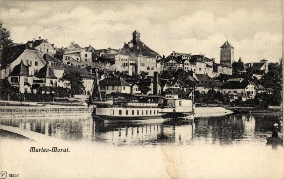 KP Morat Murten Kanton Fryburg, widok na miasto, parowiec