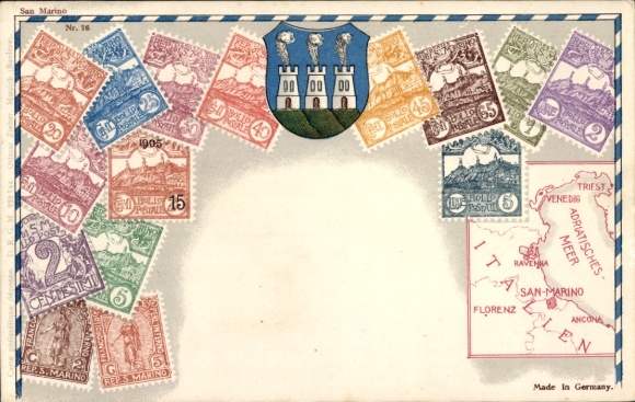 Znaczki Herb Litografia San Marino, Mapa