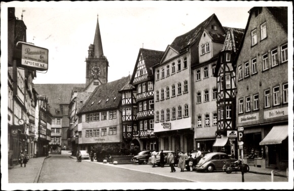 Postcard Wertheim am Main, historical buildings, market square, clock tower, street scene, cars