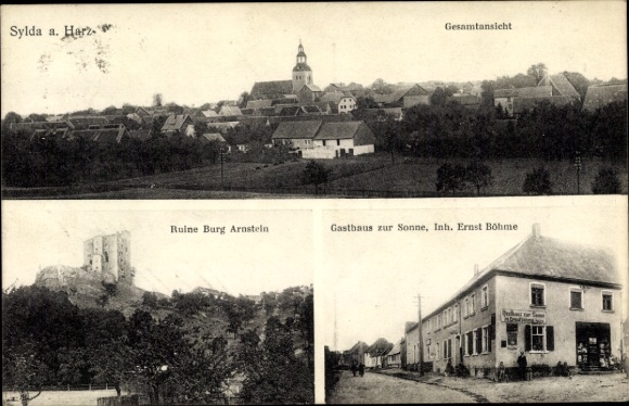 Ak Sylda Arnstein in de zuidelijke Harz, ruïnes van kasteel Arnstein, Gasthaus zur Sonne, totaalbeeld