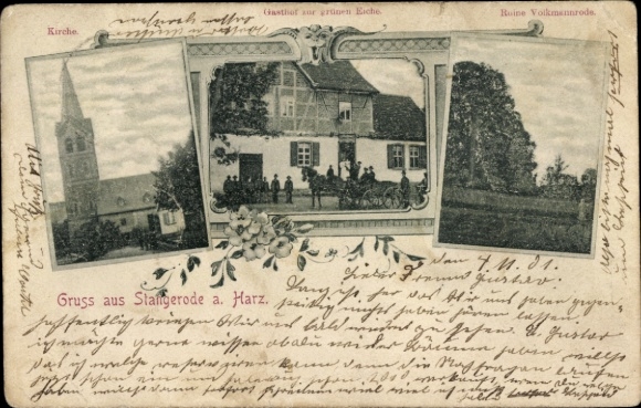 Ak Stangerode Arnstein Saksen Anhalt, kerk, herberg aan de groene eik, ruïnes van Volkmannrode