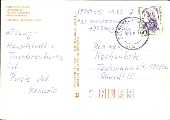 Postcard Schwedt an der Oder, Liberation Square, Leninallee, Park am Kulturhaus, hospital