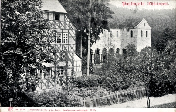 Postcard Paulinzella Rottenbach Königsee in Thuringia, historical building, Thuringian landscape, trees