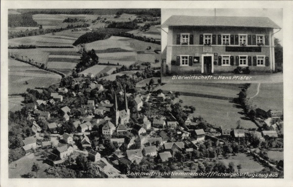 Postcard Nemmersdorf Goldkronach in the Fichtelgebirge Upper Franconia, aerial photograph, beer restaurant