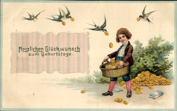 Postcard Happy Birthday, Child, Coins, Swallows