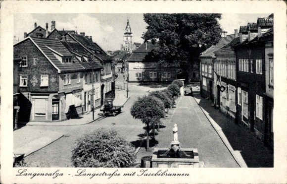 Postcard Bad Langensalza in Thuringia, city view, Langestraße, Tacobi fountain, architecture