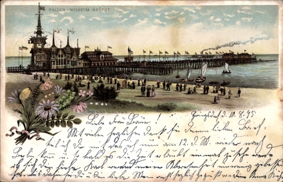 Precursor Chromo-Litho Baltic Sea resort Heringsdorf on Usedom, Kaiser Wilhelm Bridge, beach