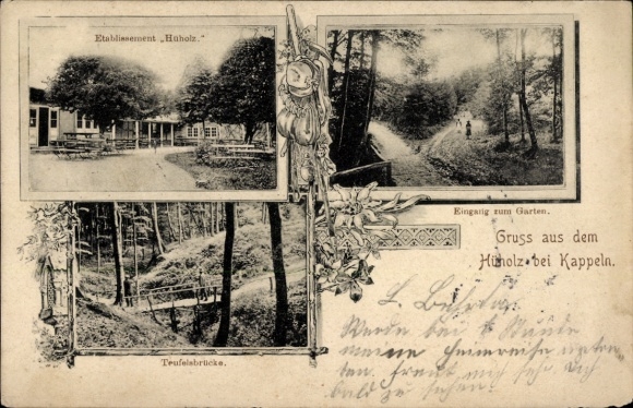 Ak Hüholz Kappeln an der Schlei, Etablissement Haholz, Teufelsbrücke, Eingang zum Garten