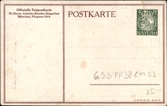 Briefkaart München Beieren, PP 38 C 11/03, IX. Bayer. Arbeidersliederenfestival 1914