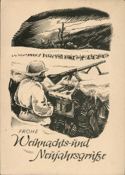 Ak Frohe Weihnachten, Fröhliches Neujahr, Wehrmachtssoldat im Schützengraben, MG, 2. WK