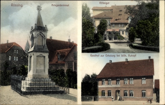 Postcard Rössing Nordstemmen in Lower Saxony, war memorial, manor, inn for recreation