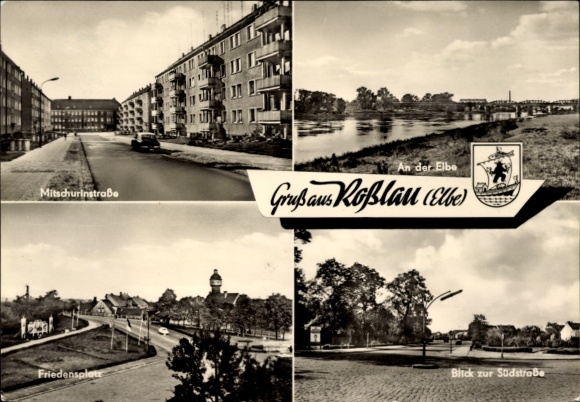 Ak Roßlau an der Elbe Anhalt, Mitschurinstraße, Friedensplate, An der Elbe, Blick zur Südstraße