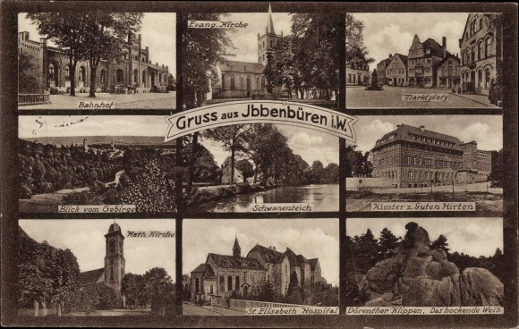 Ak Ibbenbüren in Westfalen, Kloster zum Guten Hirten, Kirche, St. Elisabeth Hospital, Bahnhof