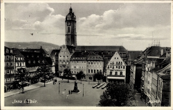 Ak Jena in Thüringen, Marktplatz in  Uhrturm,  Gebäude, Bäume