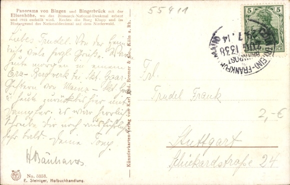 Artist Postcard Bingen am Rhein, general view, Bingerbrück, Elisenhöhe, Niederwalddenkmal
