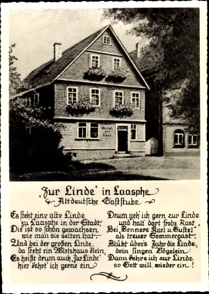 Postcard Bad Laasphe North Rhine Westphalia, Linde, owner Karl Benner, Old German restaurant, poem