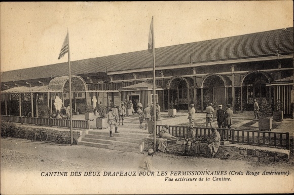 Postcard Canteen of the two flags for leavers, Exterior view, American Red Cross