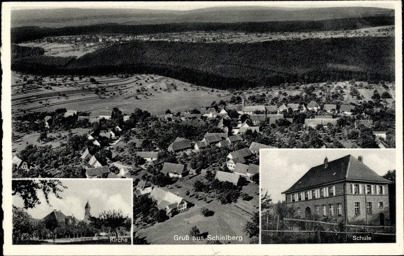 Postcard Schielberg Marxzell in Baden Württemberg, bird show, school, church