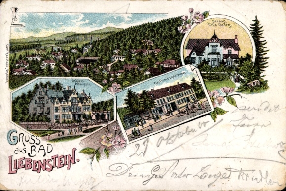 Chromo-Litho Bad Liebenstein in the Thuringian Forest, general view, Villa Georg, castle, guesthouse