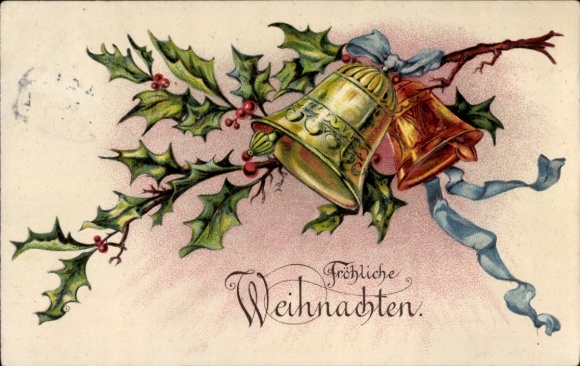 Geëmbosseerd Ak Gefeliciteerd Kerstmis, hulst, bellen