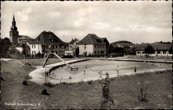 Postcard Sprockhövel in the Ruhr area, outdoor pool, slide, bathers