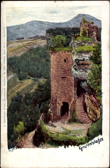 Artist Postcard Dahn in the Palatinate, castle ruins Grafendahn