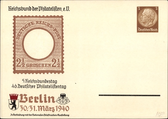 Postwaardekaart Berlijn, Reichsbund der Philatelisten 30-31. Maart 1940