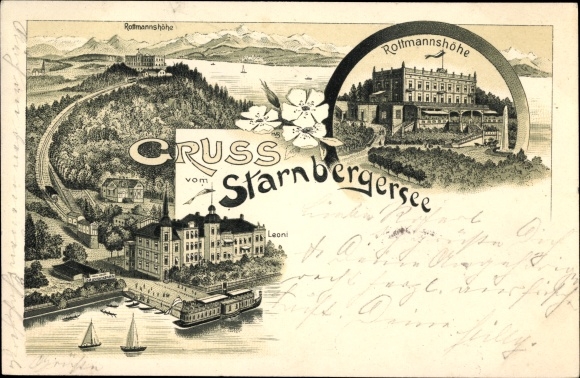 Chromo-Litho Berg at Lake Starnberg in Upper Bavaria, Rottmannshöhe, Hotel, Leoni