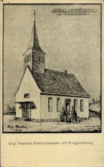 Artist Postcard Emmerzhausen in the Westerwald, Protestant chapel, war memorial